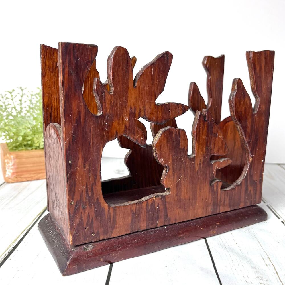 Vintage Hand Carved Wooden Desk Organizer Napkin Holder Rustic Woodland Nature